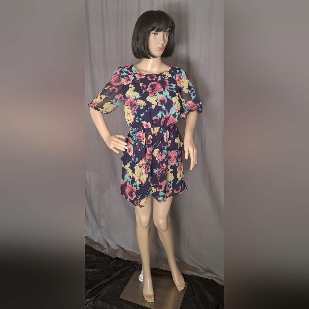 Fun and flirt / medium/ floral dress with puffy sleeves / blue and pink